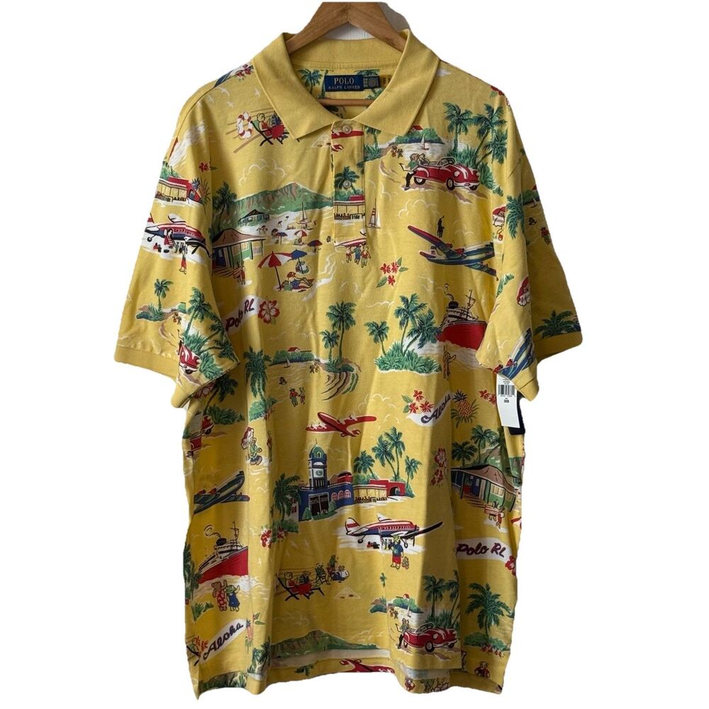 Polo Ralph Lauren Aloha Hawaiian Print Polo Shirt Yellow 3XB NWT Big Tall
